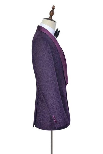 Sharp-looking Dark Purple One Button Wedding Tuxedos Silk Shawl Lapel Jacquard Marriage Suits-showprettydress