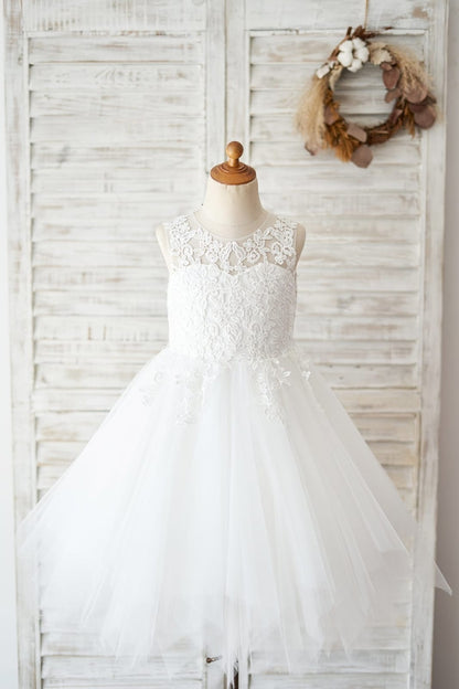 Sheer Back Ivory Lace Tulle Wedding Flower Girl Dress