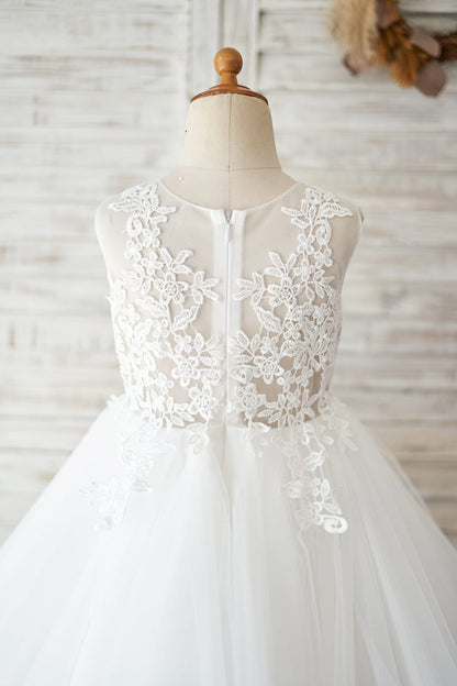 Sheer Back Ivory Lace Tulle Wedding Flower Girl Dress