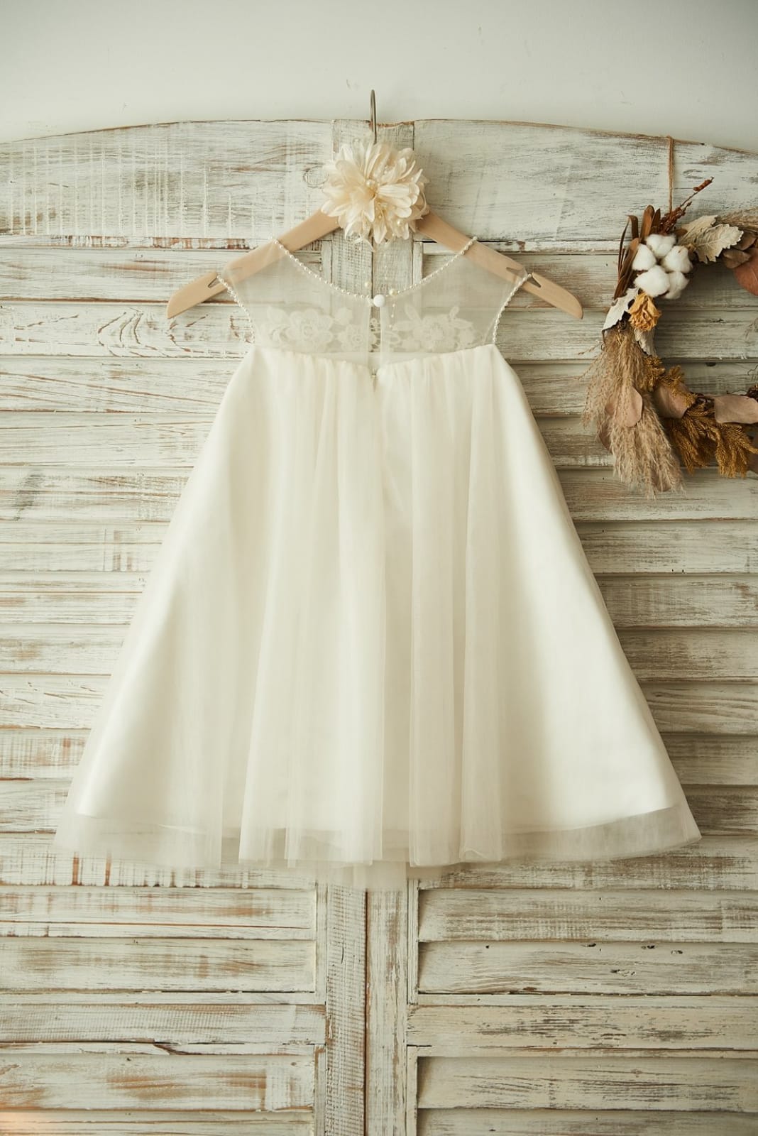 Sheer Neck Champagne Tulle Lace Wedding Flower Girl Dress 