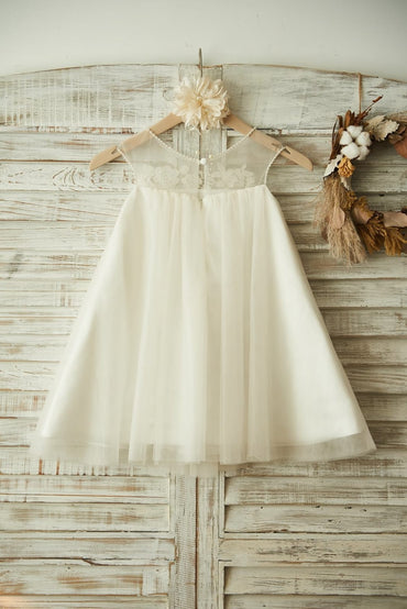 Sheer Neck Champagne Tulle Lace Wedding Flower Girl Dress 