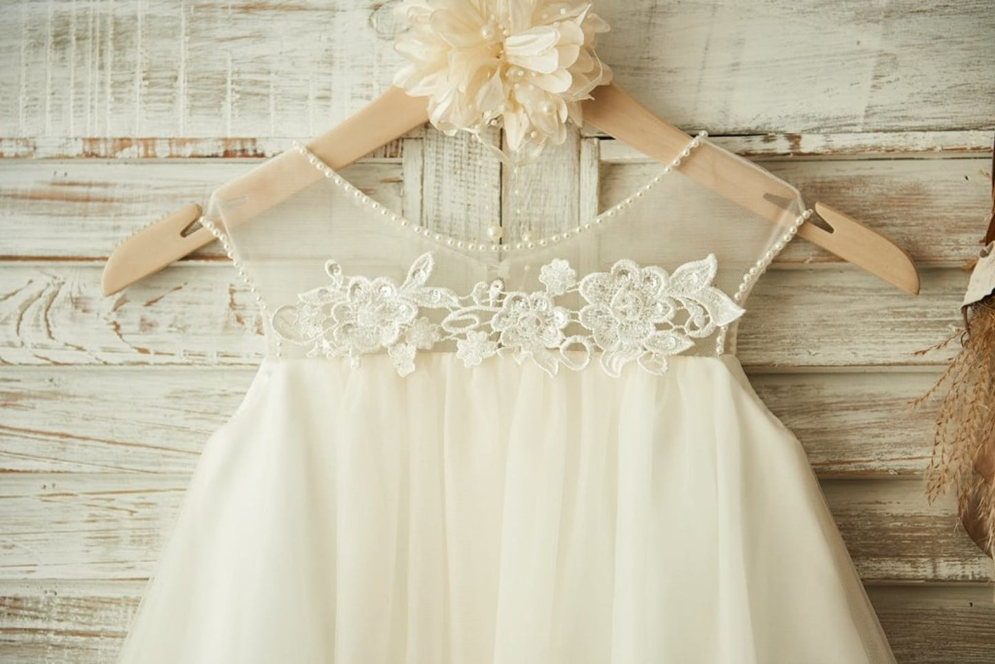 Sheer Neck Champagne Tulle Lace Wedding Flower Girl Dress 