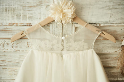 Sheer Neck Champagne Tulle Lace Wedding Flower Girl Dress 