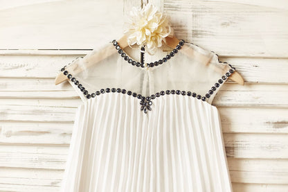 Sheer Neck Gray Beaded Ivory Chiffon Flower Girl Dress