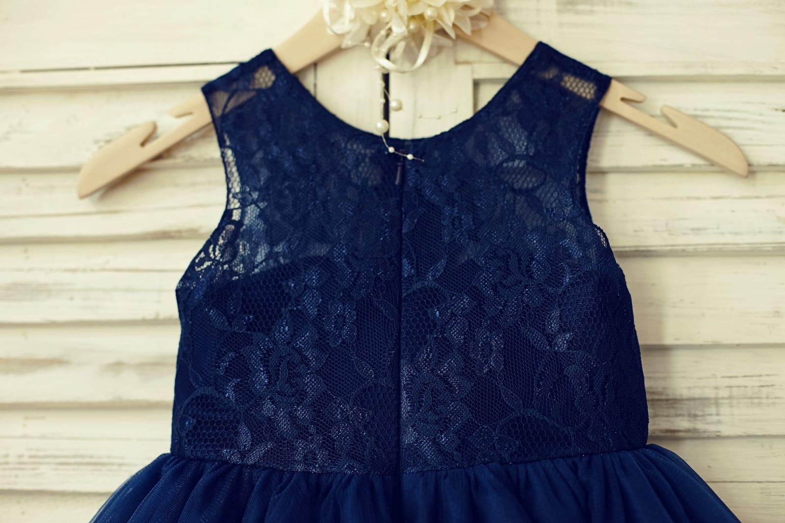 Sheer Neck Navy Blue Lace Tulle Flower Girl Dress