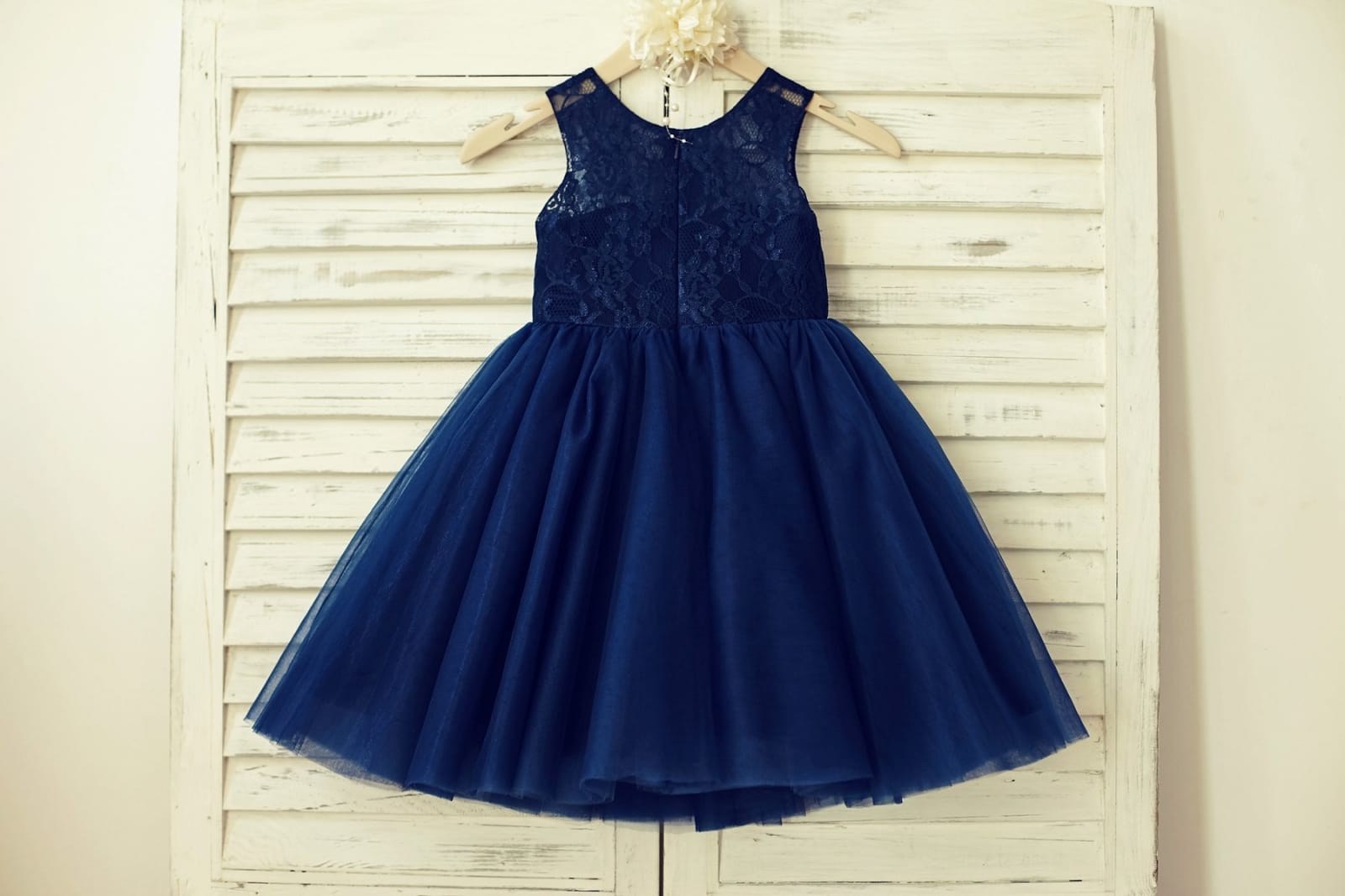 Sheer Neck Navy Blue Lace Tulle Flower Girl Dress