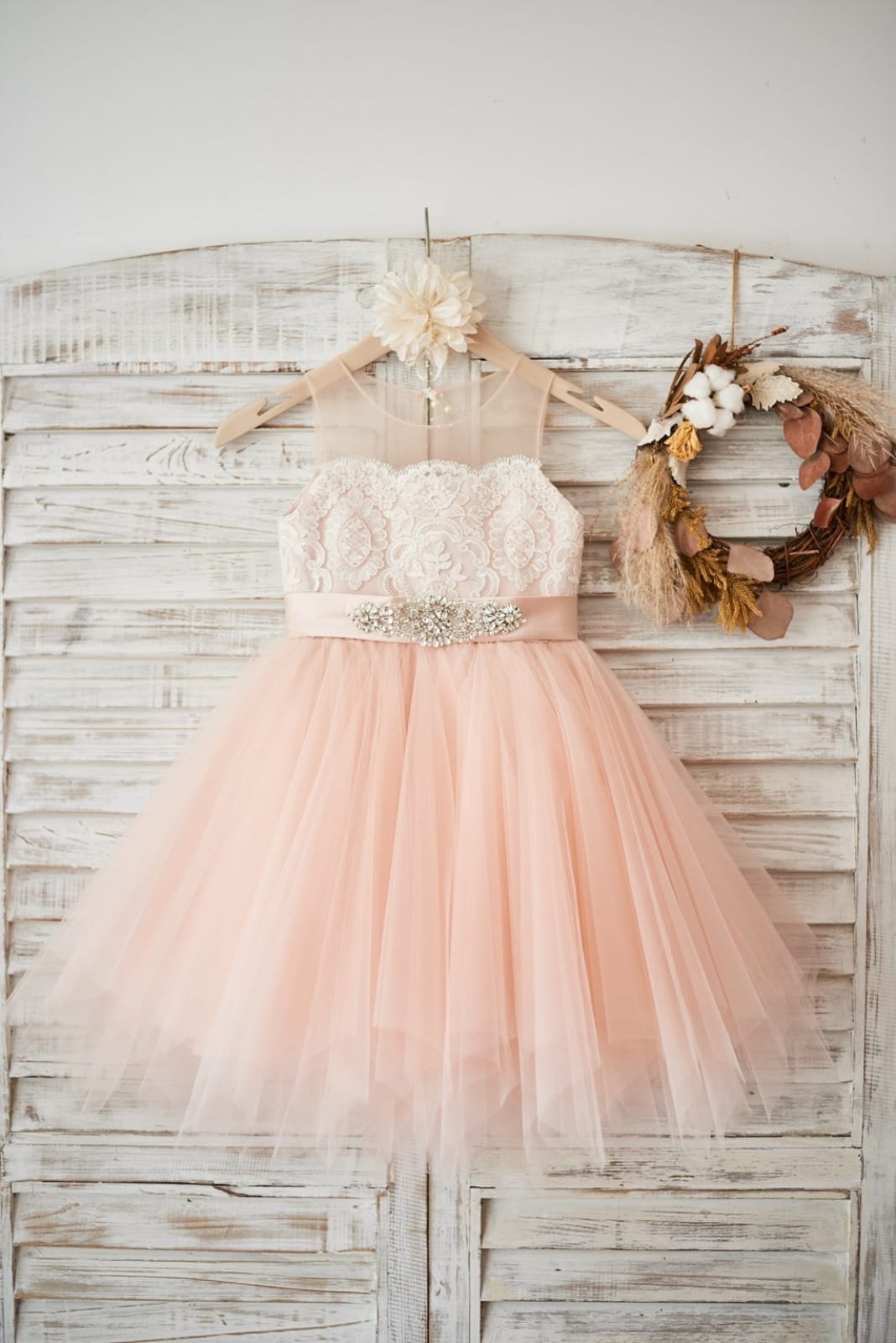 Sheer Neck Peach Pink Tulle Ivory Lace Wedding Flower Girl 