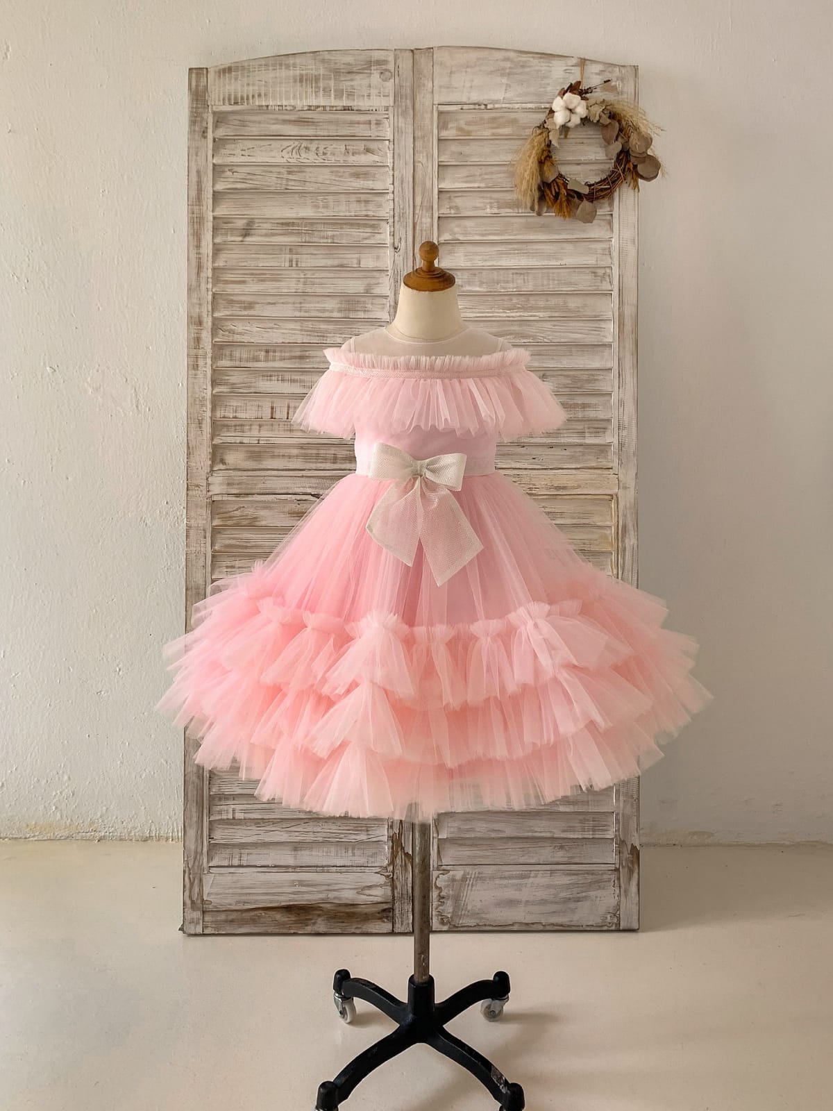 Princess Sheer Neck Pink Ruffle Tulle Wedding Flower Girl 