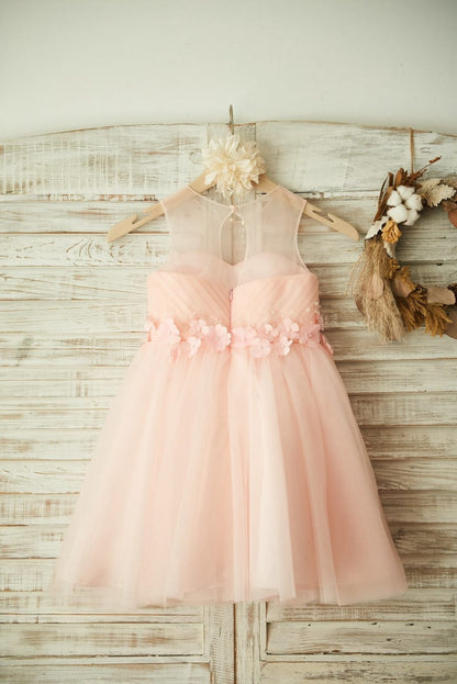 Sheer Neck Pink Tulle Wedding Flower Girl Dress with Beading