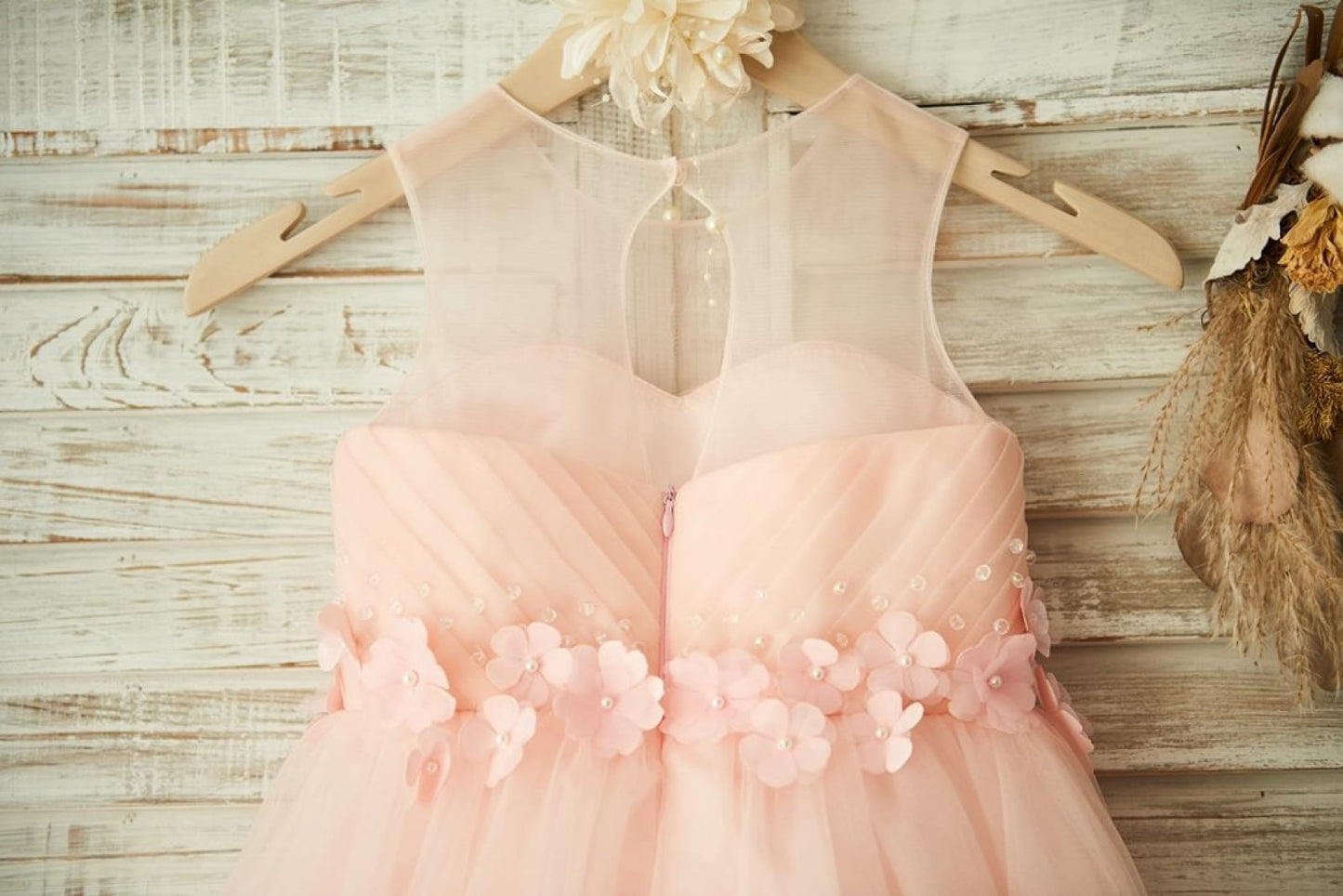 Sheer Neck Pink Tulle Wedding Flower Girl Dress with Beading