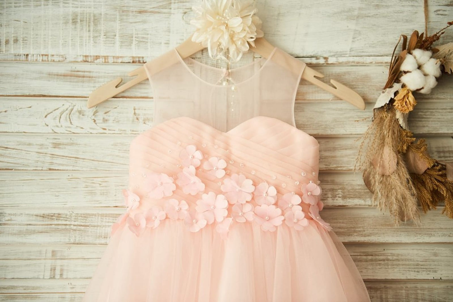 Sheer Neck Pink Tulle Wedding Flower Girl Dress with Beading