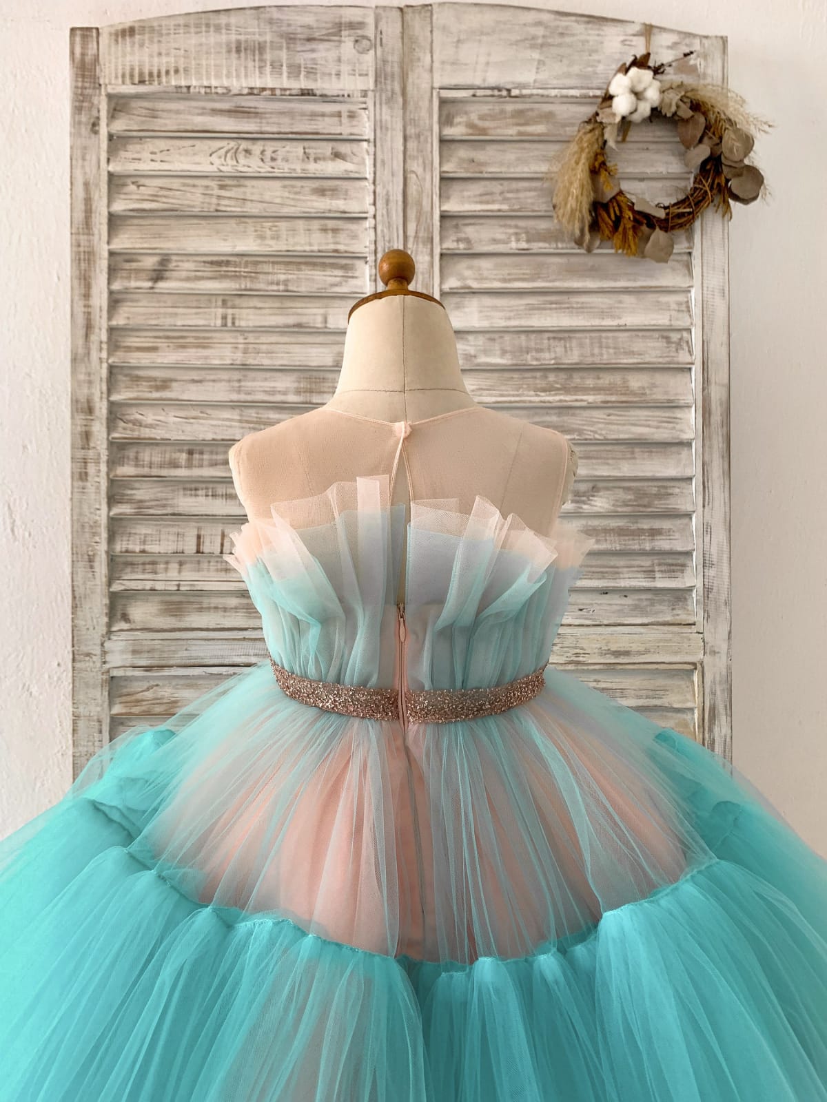 Princess Sheer Neck Pink / Blue Tulle Wedding Flower Girl 