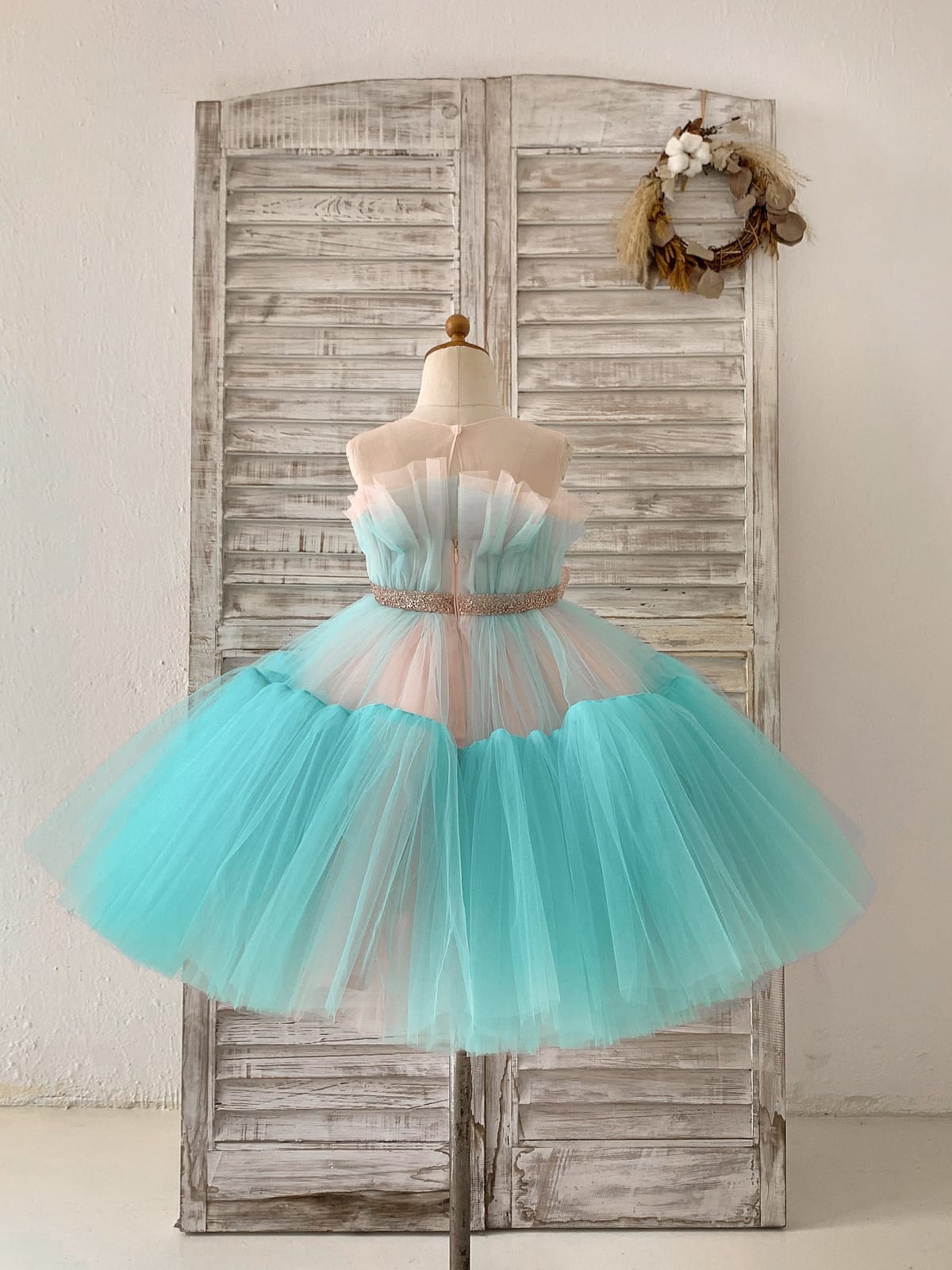 Princess Sheer Neck Pink / Blue Tulle Wedding Flower Girl 