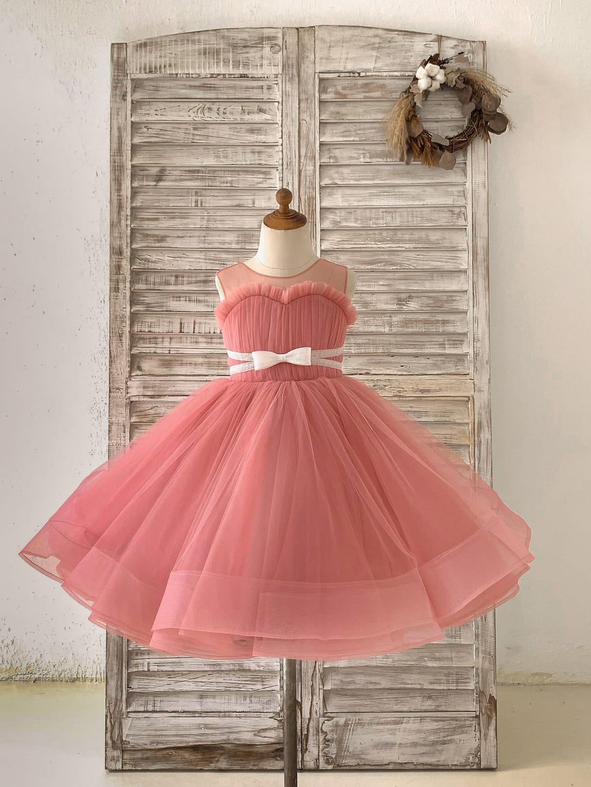 Sheer Neck Pleated Mauve Tulle Wedding Flower Girl Dress 