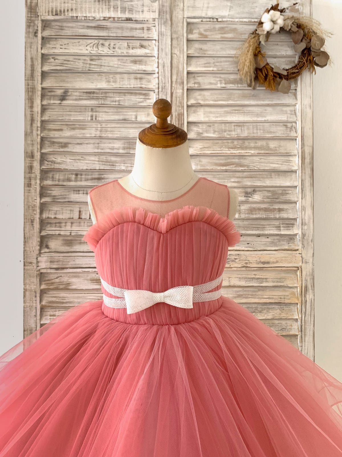 Sheer Neck Pleated Mauve Tulle Wedding Flower Girl Dress 