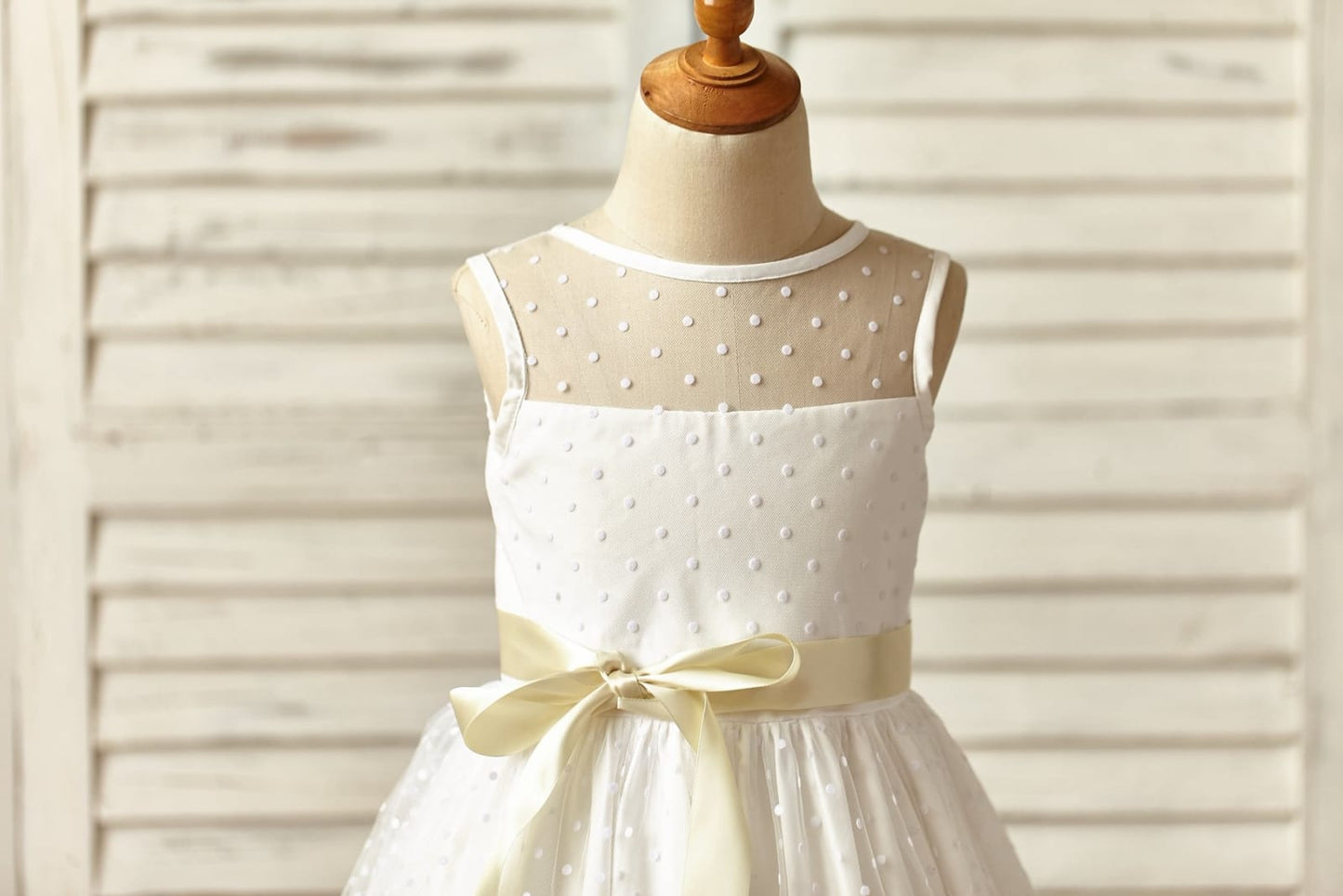 Sheer Neck Polka Dot Tulle Flower Girl Dress with Champagne 