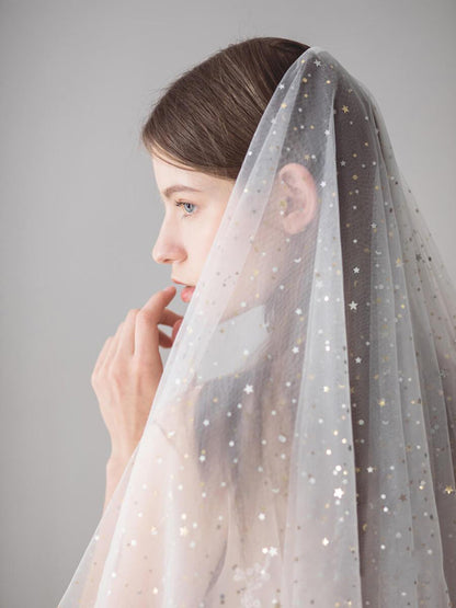 Roycebridal Shiny Bridal Veils with Gold Star Sparkly Wedding Veil