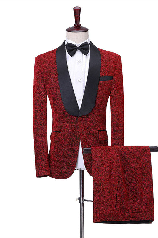 Shiny Red Shawl Lapel One Button Slim Fit Men Suits Online-showprettydress