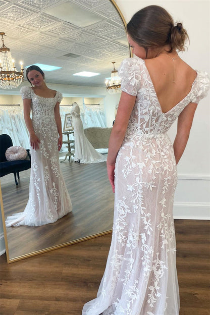 Roycebridal Theresa | White Appliques Square Neck Puff Sleeves Long Prom Dress