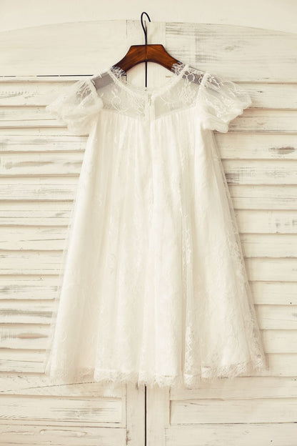 Short Puffy Sleeve Ivory Eyelash Lace Flower Girl Dress