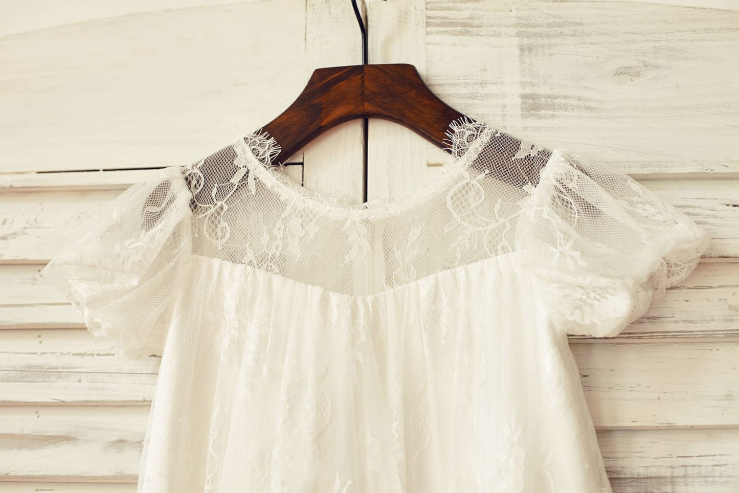 Short Puffy Sleeve Ivory Eyelash Lace Flower Girl Dress