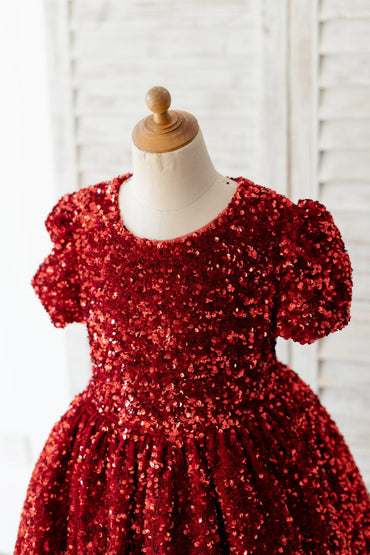 Short Sleeves Burgundy Sequin Wedding Flower Girl Dress Kids