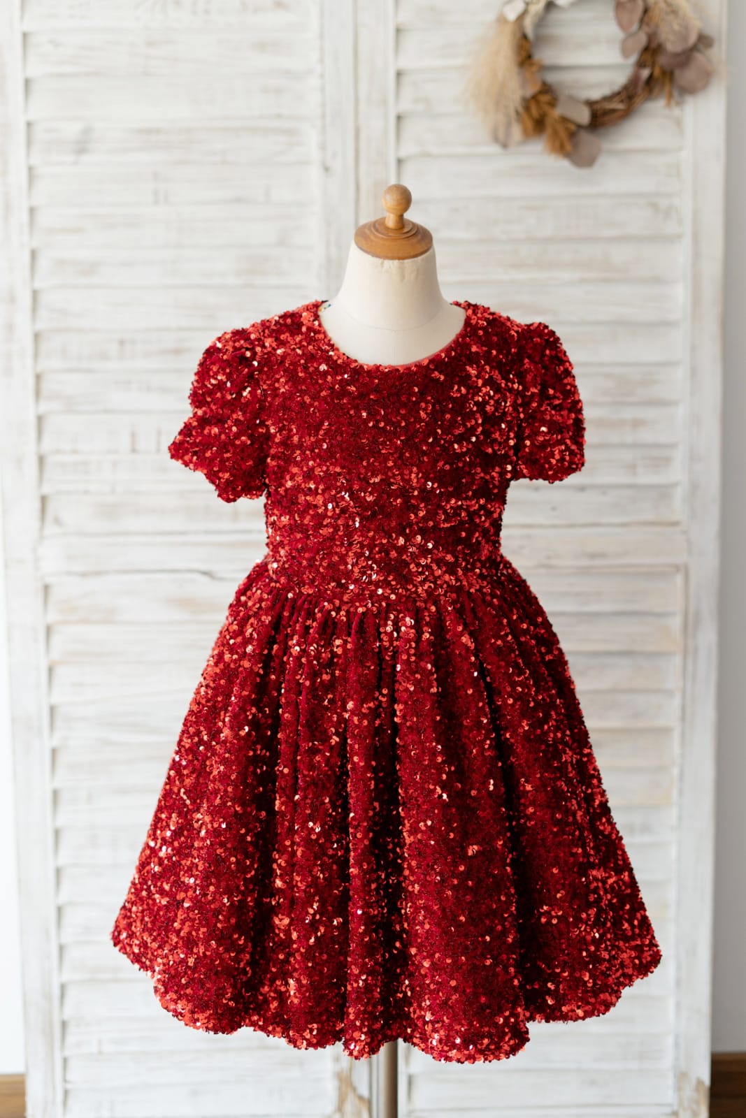 Short Sleeves Burgundy Sequin Wedding Flower Girl Dress Kids