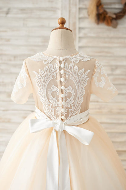 Short Sleeves Champagne Lace Tulle Wedding Flower Girl Dress