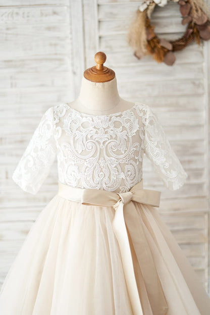 Short Sleeves Ivory Lace Tulle Wedding Flower Girl Dress 