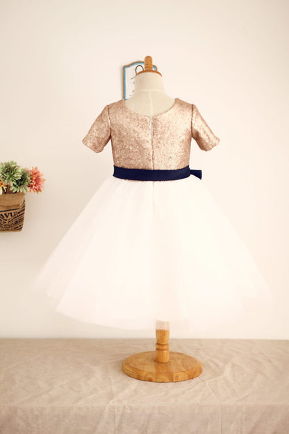 Short Sleeves Mate Champagne Sequin Tulle Flower Girl Dress 