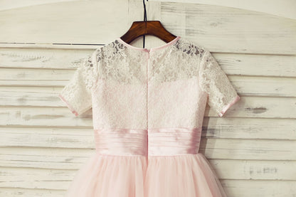 Short Sleeves Pink Lace Tulle Flower Girl Dress