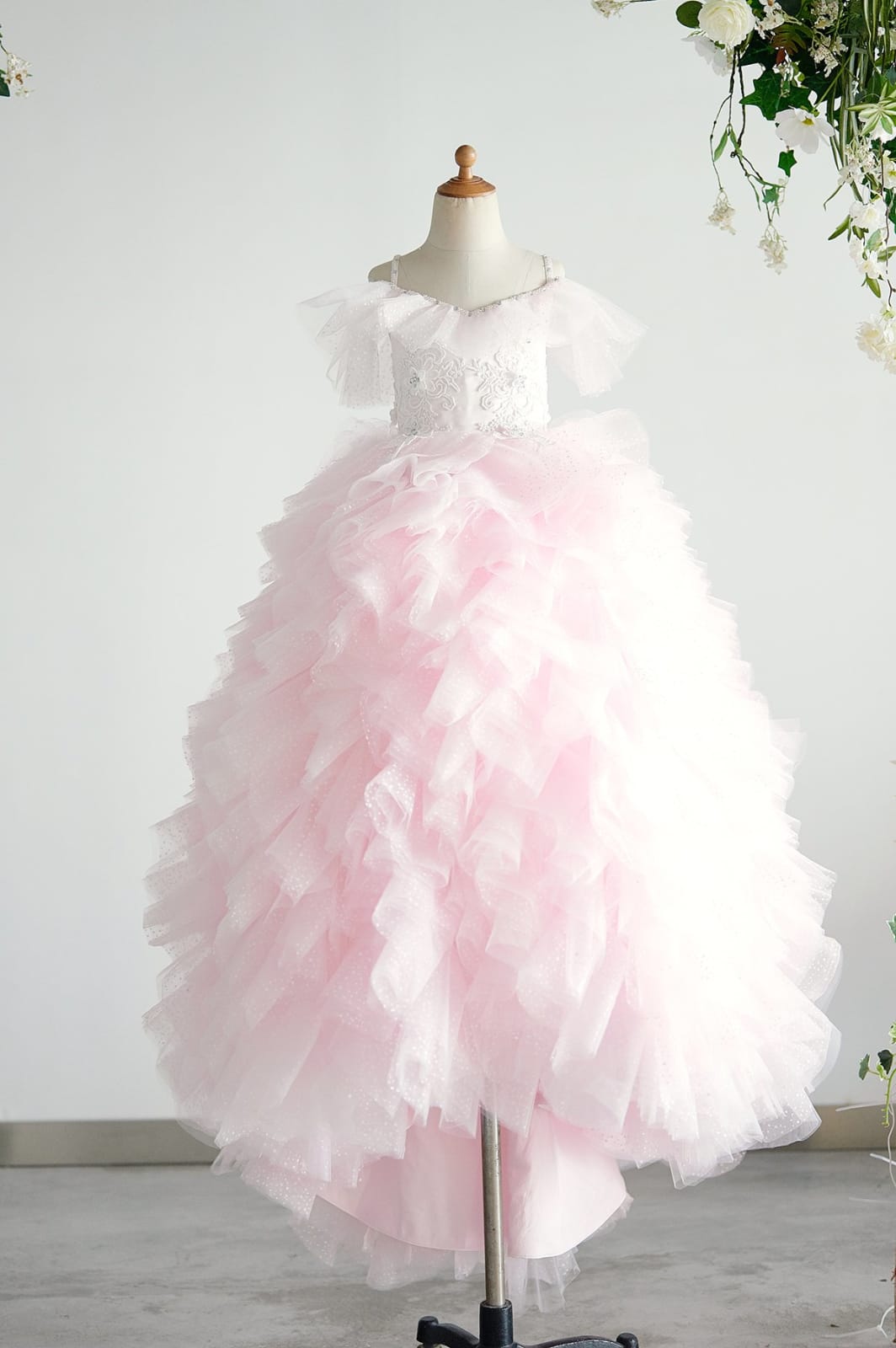 Off Shoulder Pink Polka Dot Lace Tulle Ball Gown Wedding 