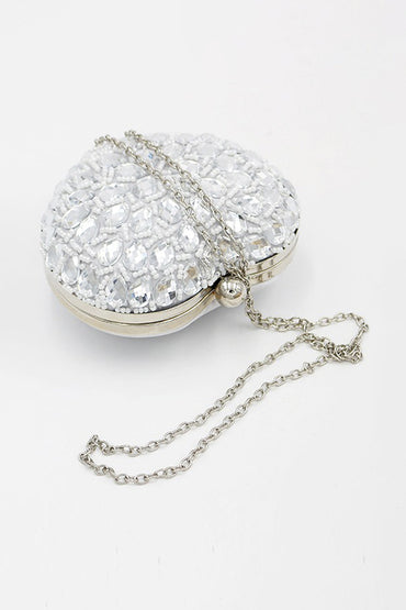 Silver Beaded Heart Shaped Party Clutch