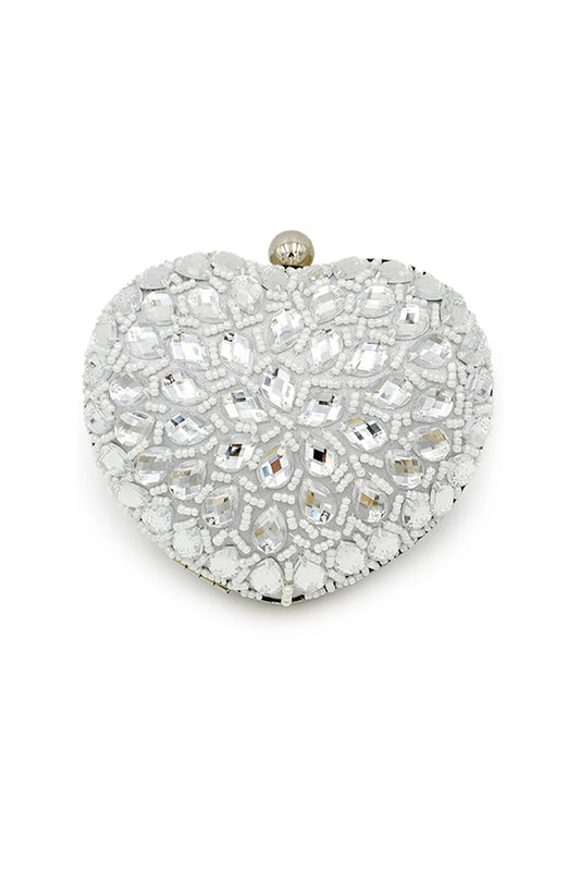 Silver Beaded Heart Shaped Party Clutch