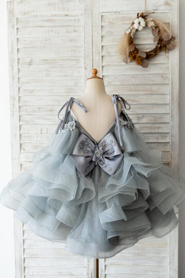 Silver Gray Glittering Tulle Spaghetti Straps V Back Wedding