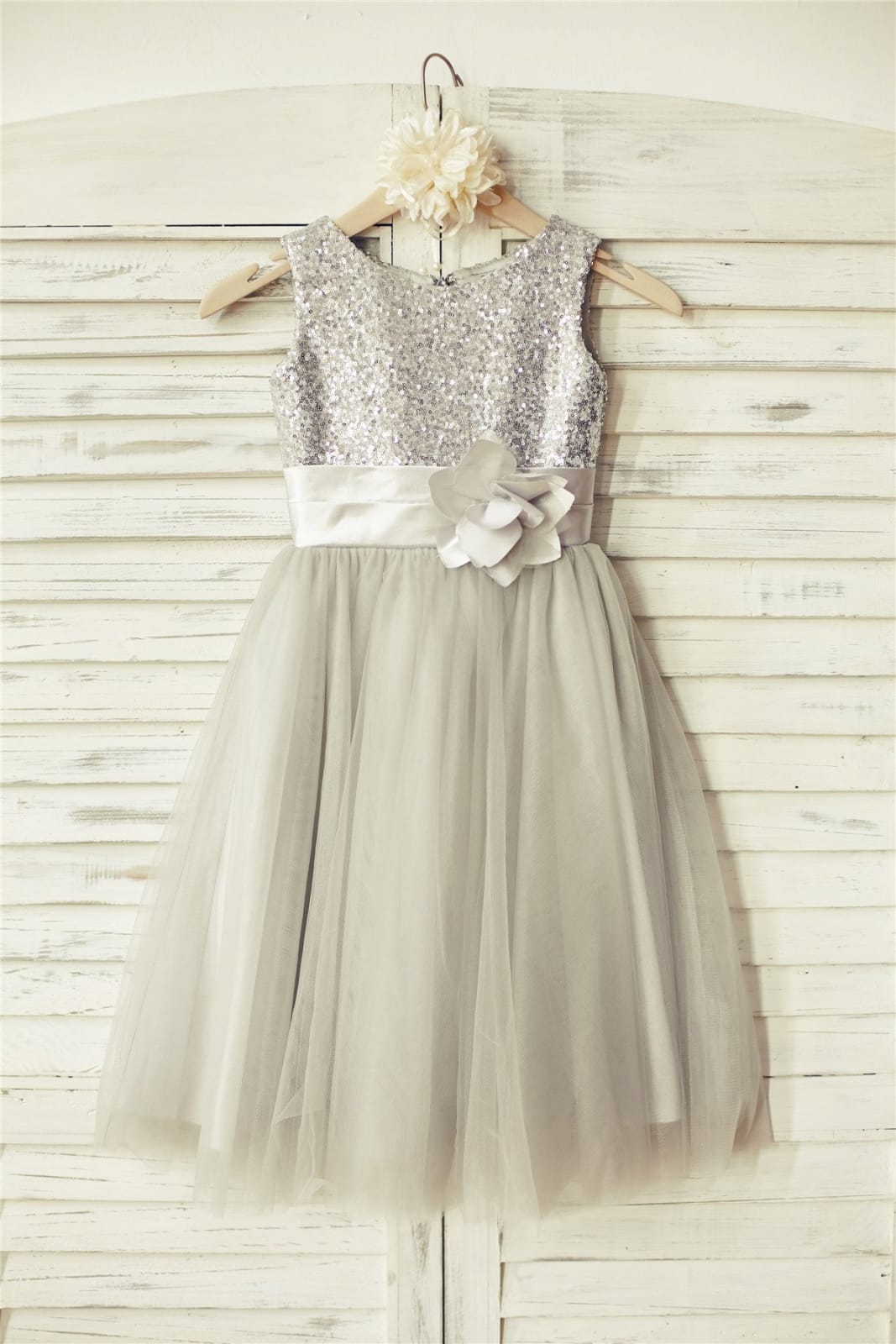 Silver Sequin Gray Tulle Flower Girl Dress - 2T / Silver