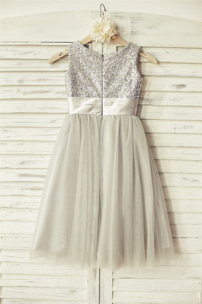 Silver Sequin Gray Tulle Flower Girl Dress