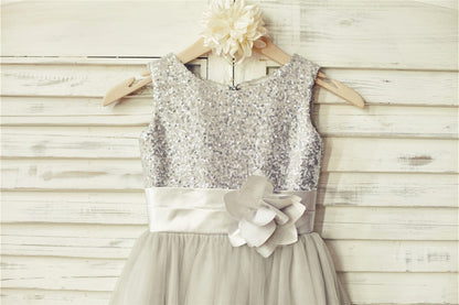 Silver Sequin Gray Tulle Flower Girl Dress