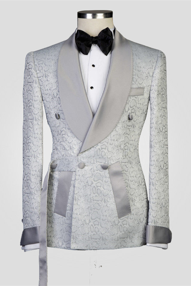 Silver Shawl Lapel Double Breasted Jacquard Wedding Suits-showprettydress