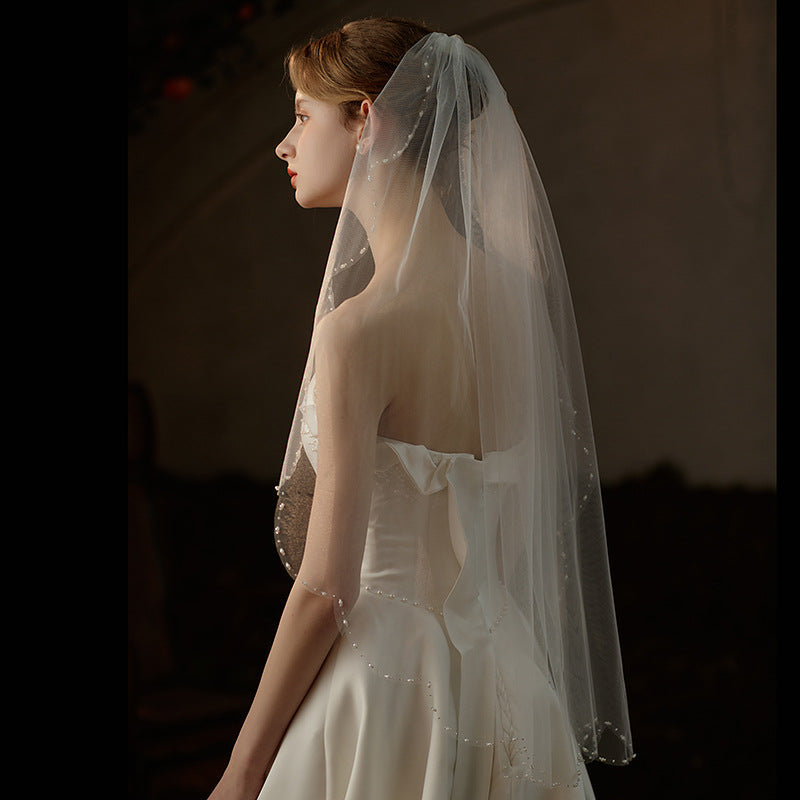 Simple Beaded Tulle Veil Hip Length viniodress V737-Veils-Viniodress-Ivory-90cm-Viniodress