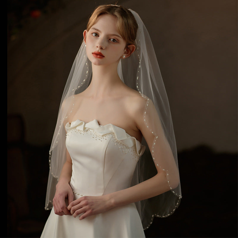 Simple Beaded Tulle Veil Hip Length viniodress V737-Veils-Viniodress-Ivory-90cm-Viniodress