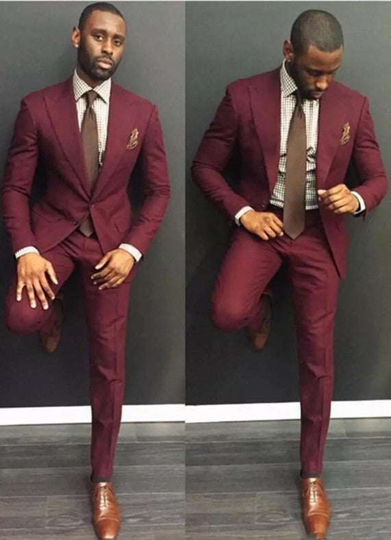 Simple Burgundy Slim Fit Peaked Lapel Mens Suit with 2-Piece-showprettydress