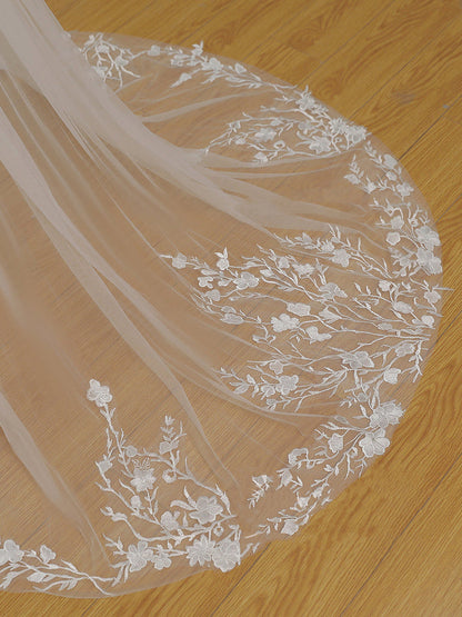 Roycebridal Simple Floral Lace Chapel Train Veil Bridal Veil Wedding Veil