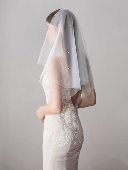 Roycebridal Simple Ivory Tulle Wedding Veil Waist Length with Pearls