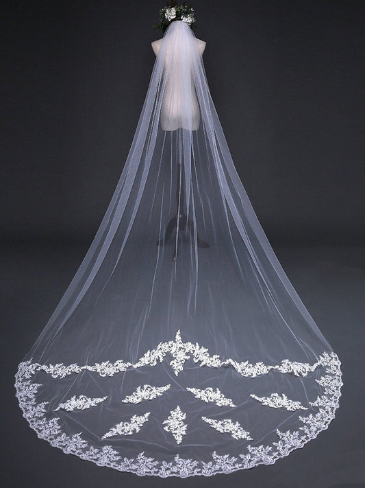 Roycebridal Simple One Tier White Cathedral Veils with Lace Train