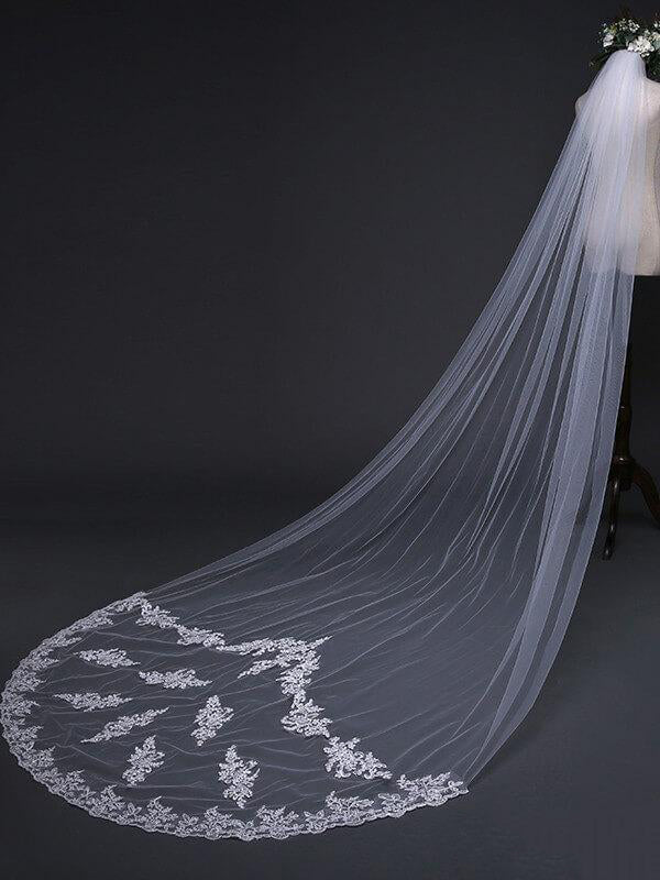 Roycebridal Simple One Tier White Cathedral Veils with Lace Train