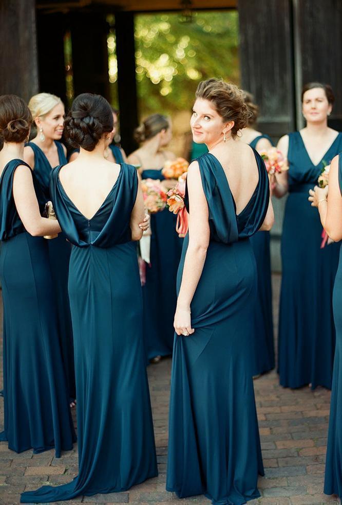 Roycebridal Sheath Cheap Long V Neck Ink Blue Bridesmaid Dresses