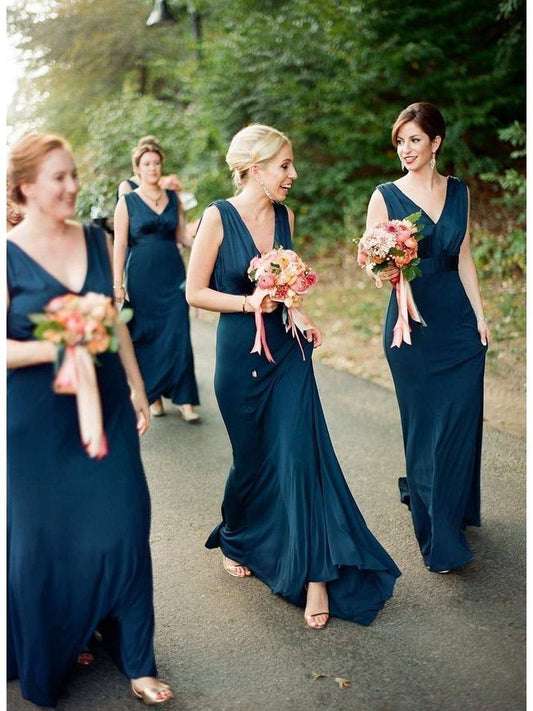 Roycebridal Sheath Cheap Long V Neck Ink Blue Bridesmaid Dresses