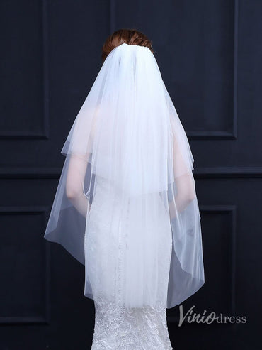 Simple White Fingertip Length Bridal Veil with Blusher Viniodress TS18022-Veils-Viniodress-Viniodress