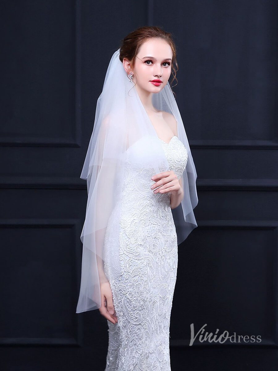 Simple White Fingertip Length Bridal Veil with Blusher Viniodress TS18022-Veils-Viniodress-Viniodress